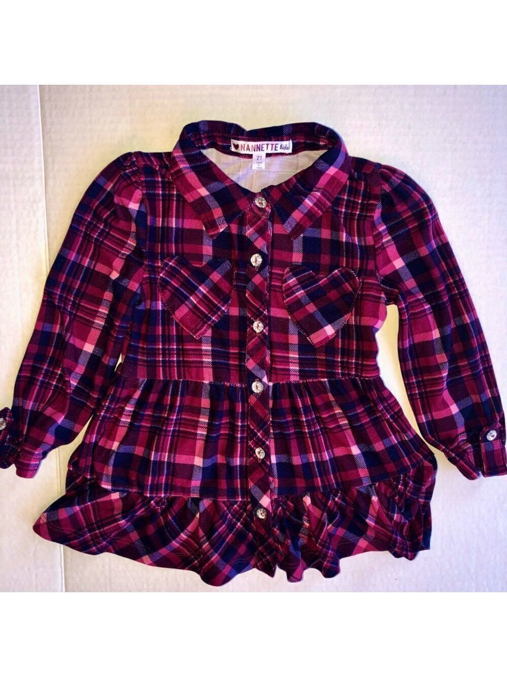 𝅺NWOT Girls 2T Nannette Kids LS Plaid Button Down Shirt